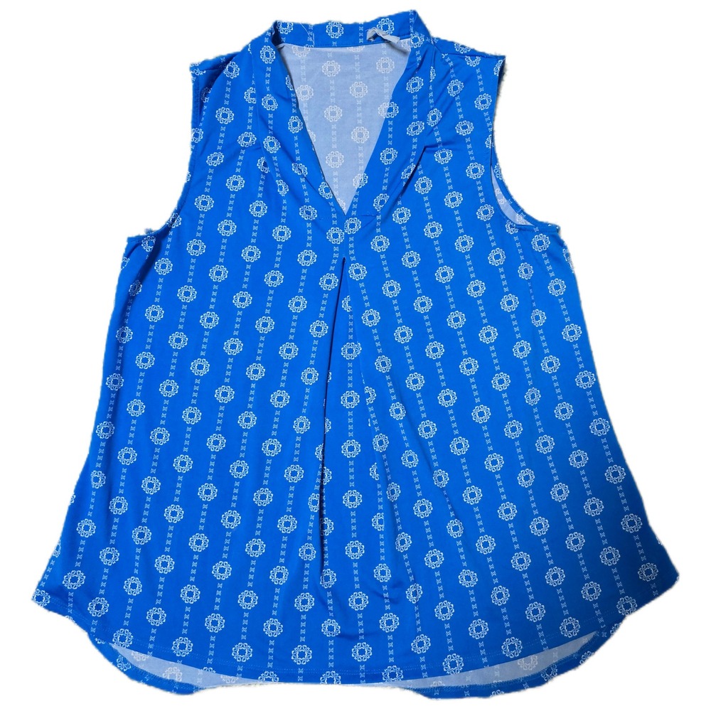 Sleeveless Blouse Top Blue‎ White Geometric Print Casual Elegant (B)